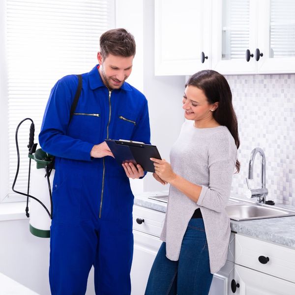 a pest control worker looking at a clipboard with a client