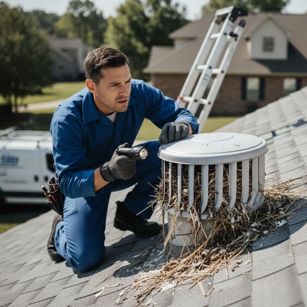concerned pest control man looking at large nest 