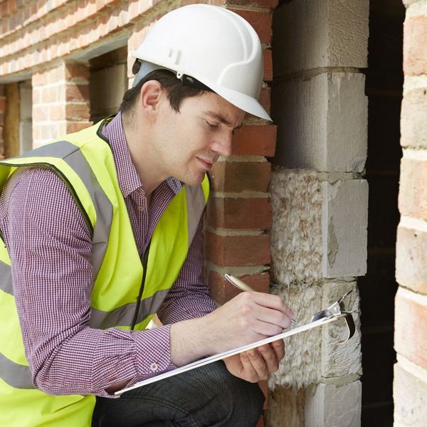 A construction or pest control inspector wearing a white hard hat and safety vest, writing notes on a clipboard while inspecting brick and concrete near a doorway.
