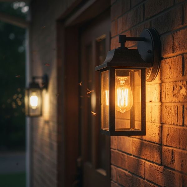An outdoor wall lantern with a warm-toned bulb shining against a brick wall, with several small insects flying near the light source.