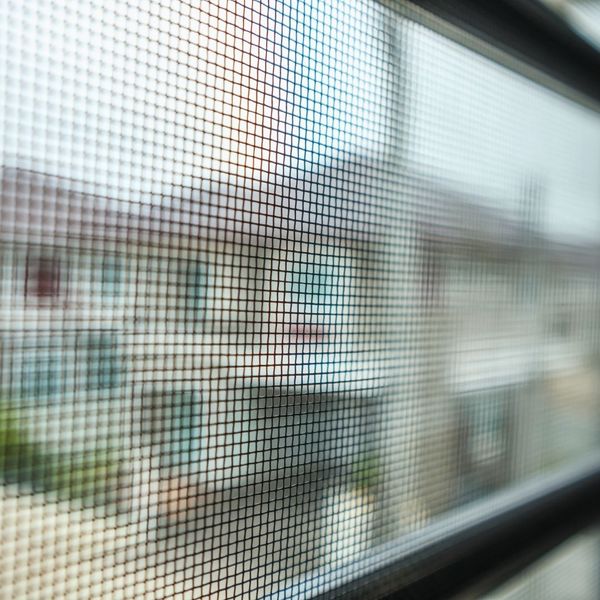 Close-up, blurred perspective shot of a window screen mesh, with a suburban home visible faintly in the background, illustrating a barrier.