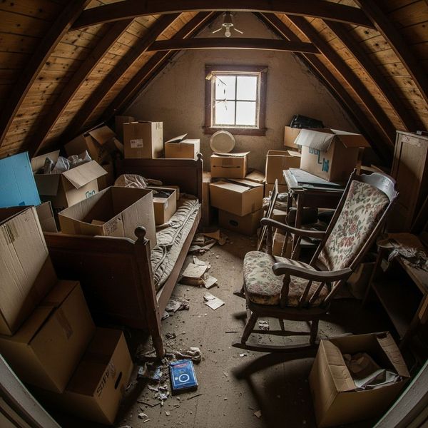 A cluttered attic with cardboard boxes and old furniture. A cluttered attic with cardboard boxes and old furniture.