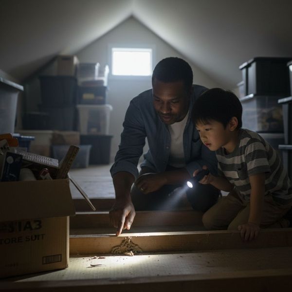 dad and son cleaning the attic