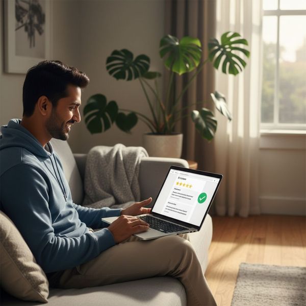man checking online reviews for pest control companies