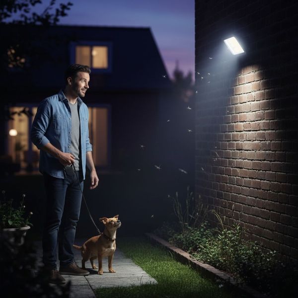 A man on a sidewalk at night, walking a small dog, looking toward a bright, white motion-sensor floodlight attached to a brick wall that is attracting flying insects.
