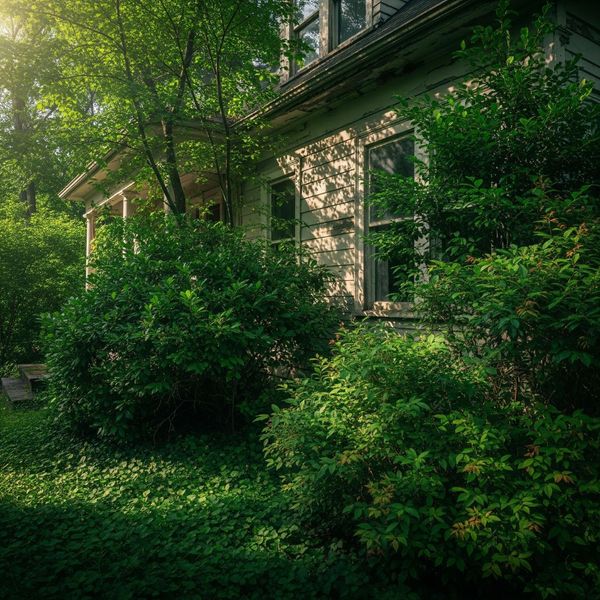 Overgrown bushes and trees close to the side of a house. Overgrown bushes and trees close to the side of a house.
