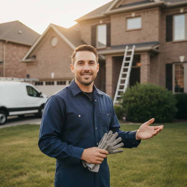 professional pest control man outside of home