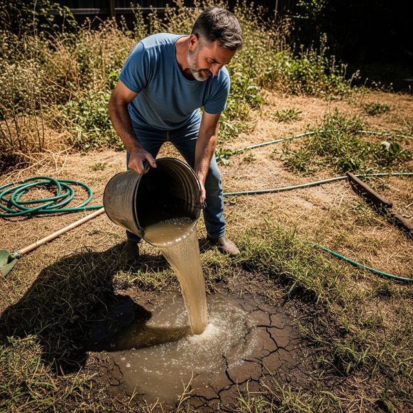 A homeowner performing preventative home pest control by emptying a bucket of standing water A homeowner performing preventative home pest control by emptying a bucket of standing water