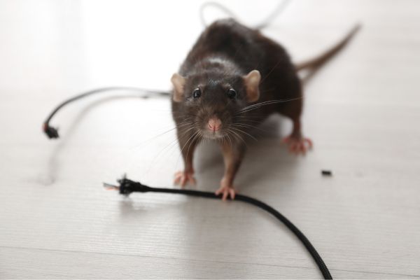 a rat holding a wire that has been chewed through
