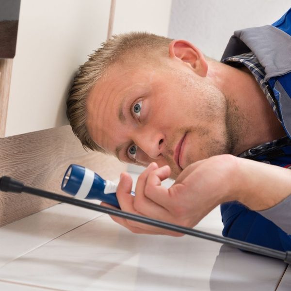 Close-up, low-angle view of a technician in a blue uniform holding a flashlight to inspect a narrow space beneath a kitchen cabinet, showing focus and attention to detail.