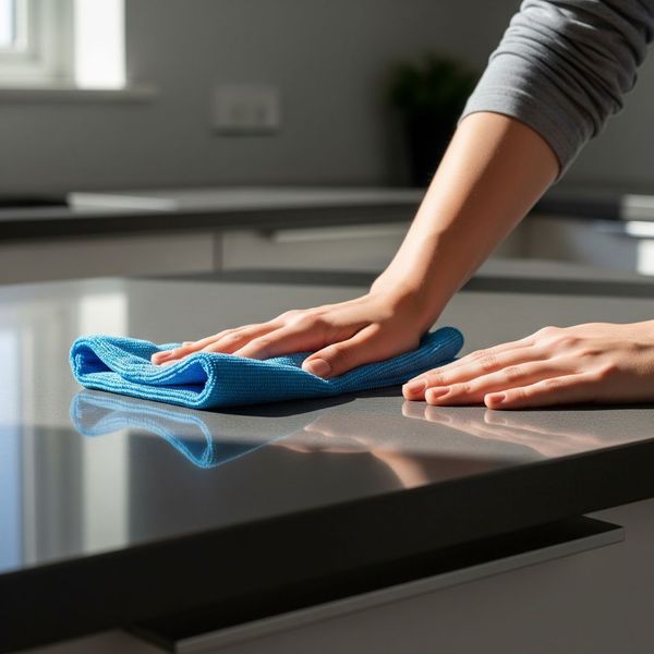 A person wiping down a kitchen counter A person wiping down a kitchen counter
