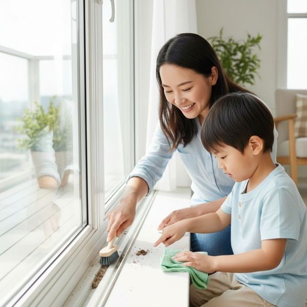 mom and son cleaning window tracks