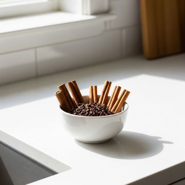 A bowl of cinnamon and cloves on a kitchen counter A bowl of cinnamon and cloves on a kitchen counter