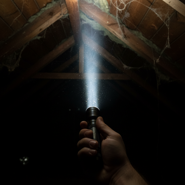 looking in attic with flashlight 
