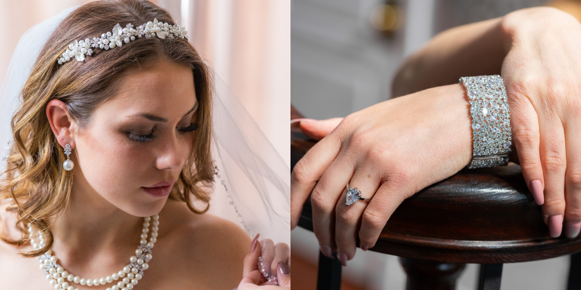 woman wearing pearl tiara, earrings and neclace and sparkly bracelet