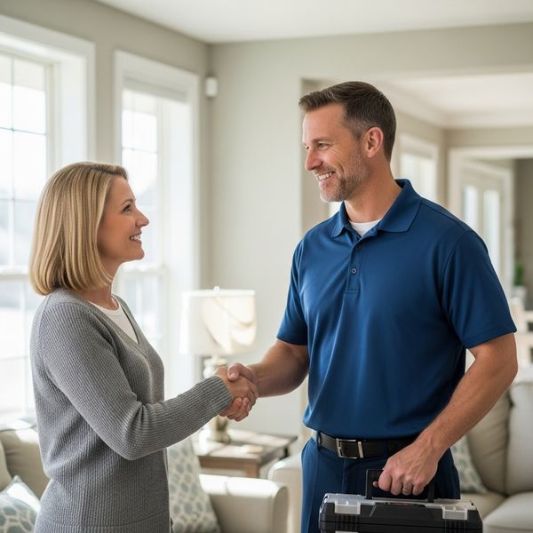 HVAC tech and customer shaking hands in home 