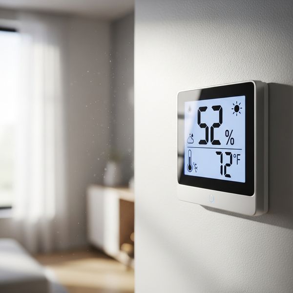 A digital humidity monitor in a bright room illustrating indoor climate control.