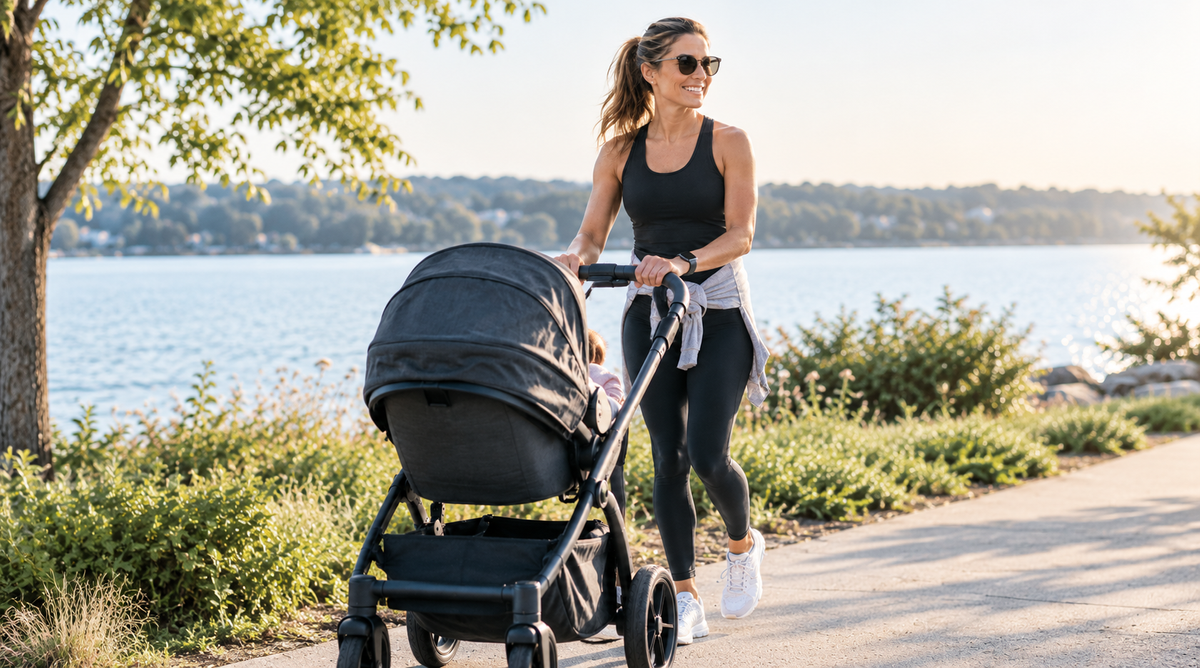 Woman who has lost the baby weight pushing a stroller.