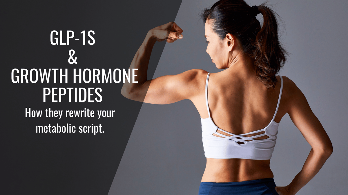 A diagram showing how GLP-1 and Growth Hormone peptides signal the body to prioritize fat burning while preserving skeletal muscle.