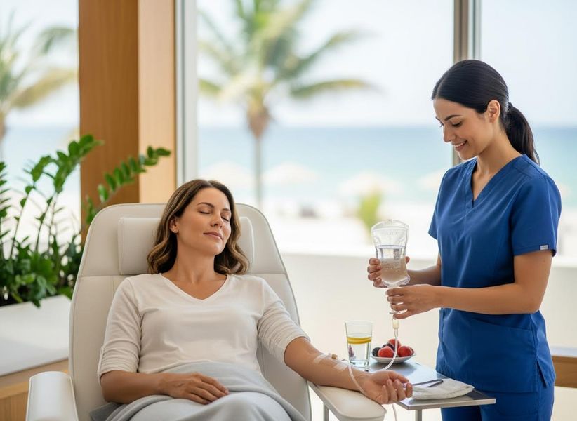 A woman relaxes during an IV infusion administered by a smiling nurse in a bright, modern room overlooking a beach and palm trees. Woman receiving IV therapy from a nurse in a luxury clinic with ocean view