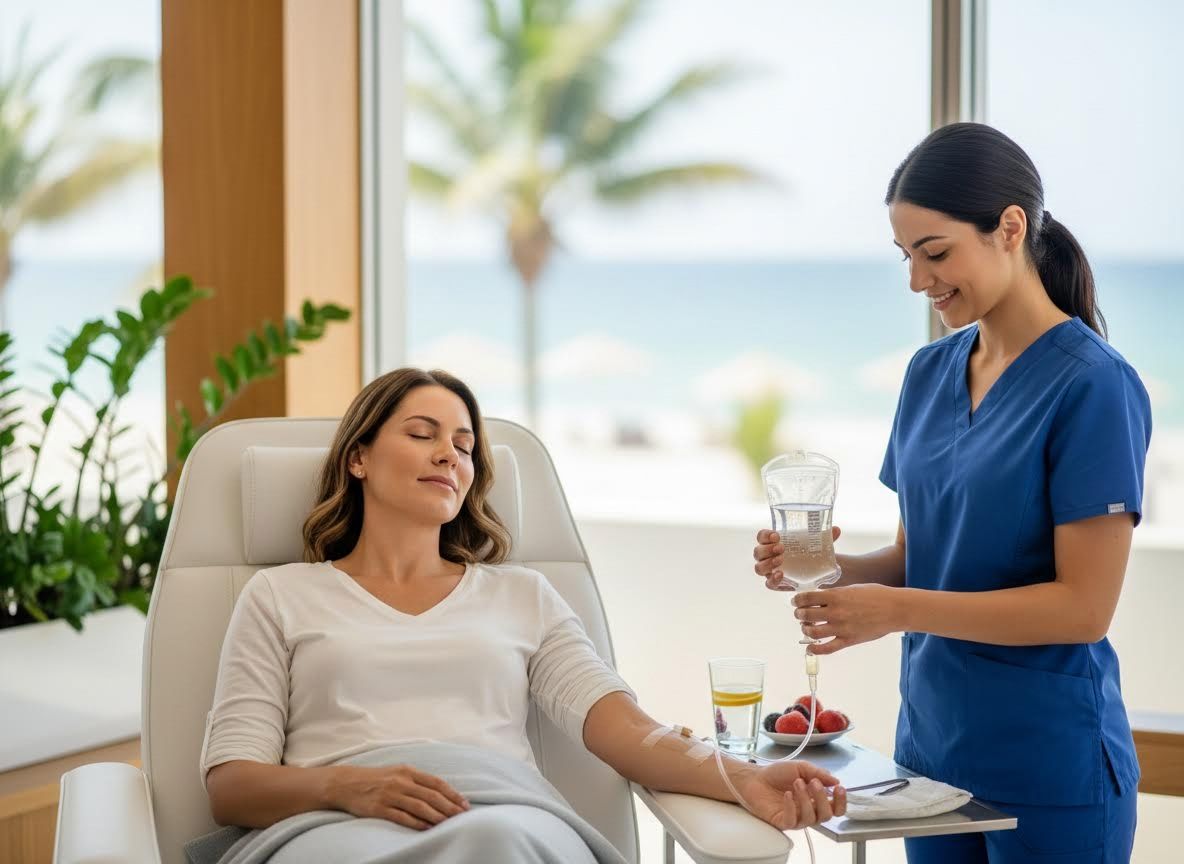 Woman receiving IV therapy from a nurse in a luxury clinic with ocean view