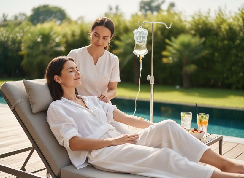 A relaxed woman receives an IV drip outdoors by a pool, attended by a professional. Drinks and fruit are on a nearby table. Woman enjoying outdoor IV therapy with an attendant