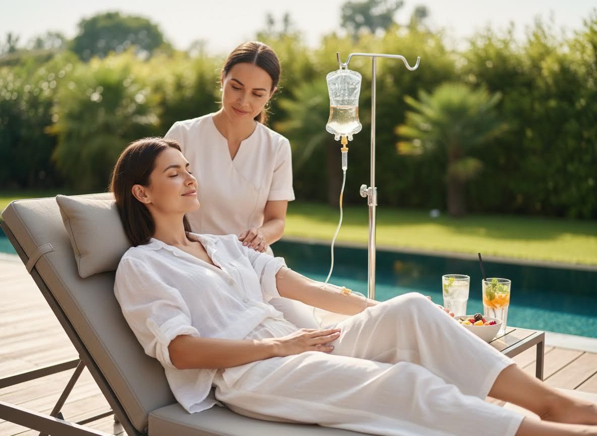 Woman enjoying outdoor IV therapy with an attendant