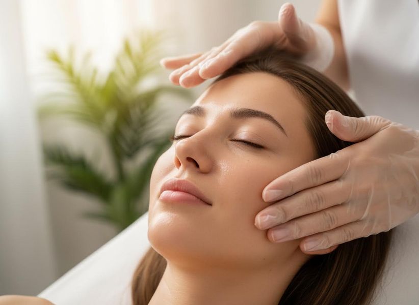 A relaxed young woman with closed eyes receiving a soothing facial treatment from gloved hands in a bright spa setting. Close-up of woman enjoying facial massage at spa