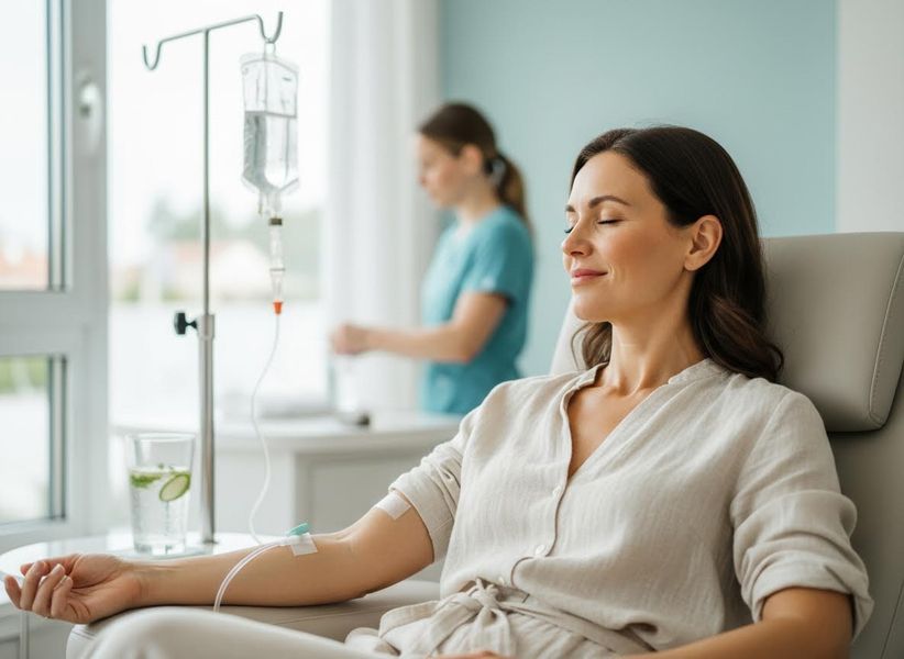 A calm woman with closed eyes sits in a reclining chair, receiving an IV drip. A medical professional is in the blurred background. Woman receiving IV infusion therapy