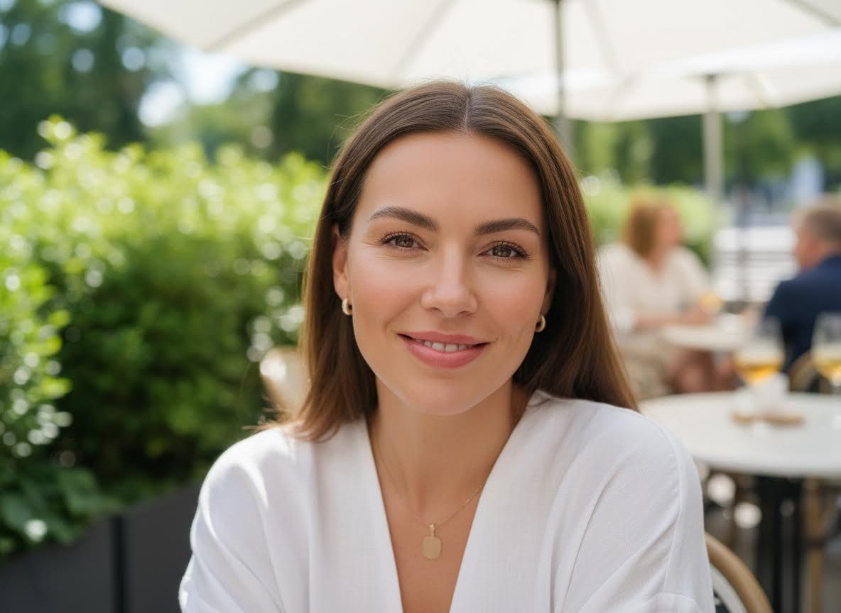 Smiling woman at an outdoor cafe