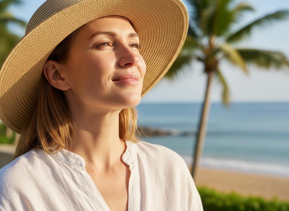 Woman in Straw Hat at Tropical Beach