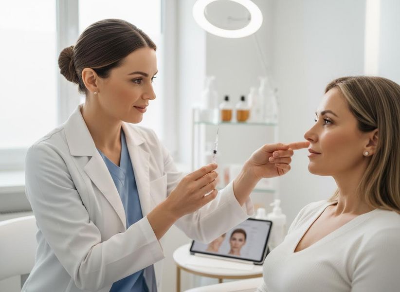 A female doctor in a white coat holds a syringe and points to a patient's nose during a cosmetic consultation. Doctor discusses cosmetic nose procedure with a patient