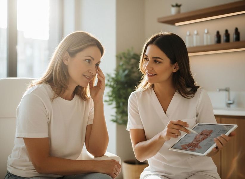 A healthcare professional explains facial anatomy on a tablet to a female patient during a consultation in a bright clinic. Medical Professional Explaining Facial Anatomy to Patient