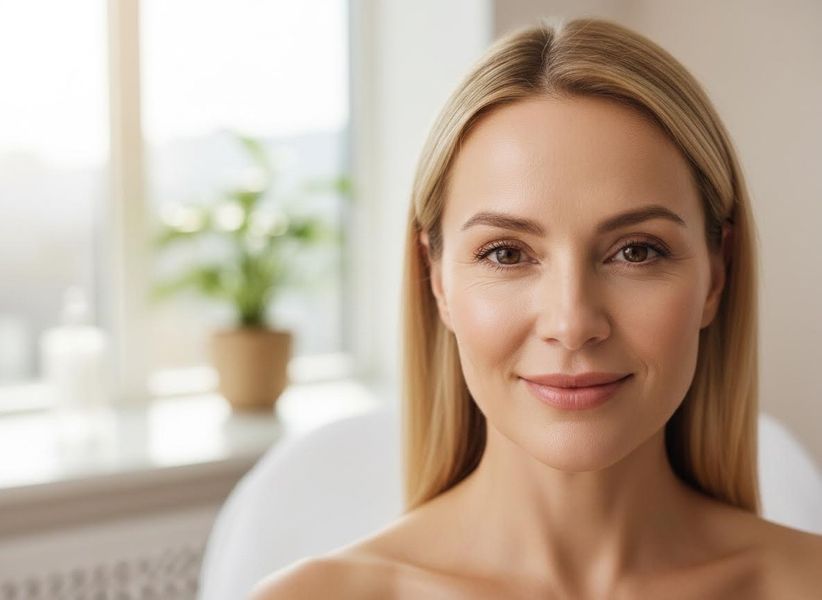 A beautiful blonde woman with healthy, glowing skin smiles gently, looking directly at the camera in a bright, soft-focused room. Radiant Blonde Woman with Healthy Skin