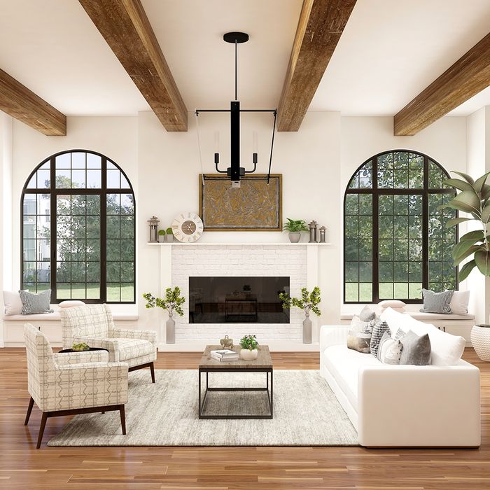 Living room with wood beams on the ceiling