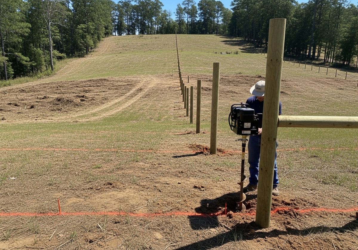 Man installing fence posts with auger in rural landscape