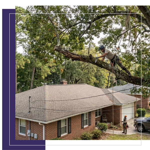 A professional arborist in safety gear carefully removing a large, decaying tree limb hanging dangerously over a residential brick house.