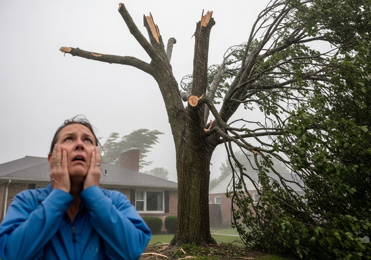 Woman in distress looking at storm-damaged tree