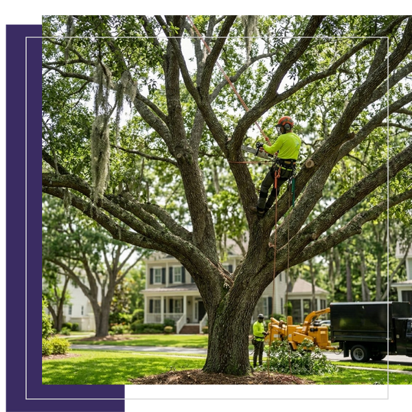An arborist from A Notch Above, fully equipped with climbing gear and safety harness, prunes a large live oak draped with Spanish moss in a South Carolina Lowcountry setting.