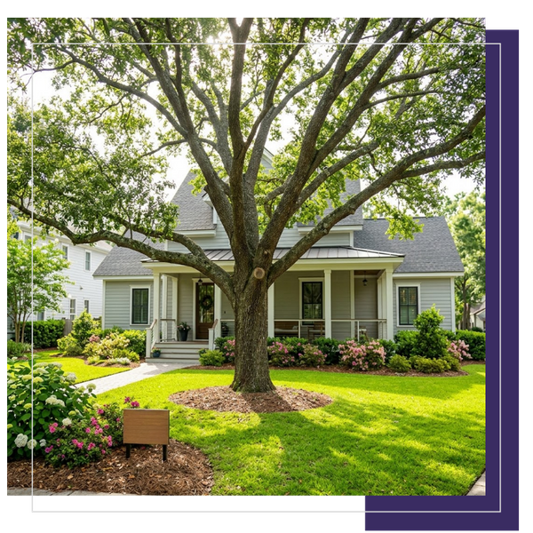 A thriving, professionally maintained South Carolina landscape in Summerville featuring a structurally sound live oak tree and manicured gardens, symbolizing the long-term health and property value provided by A Notch Above tree trimming.
