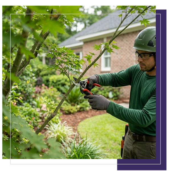 Close-up of an arborist from A Notch Above, wearing safety gear and a company shirt, using hand pruners to make a precise cut on a healthy Japanese Maple in a manicured South Carolina garden.