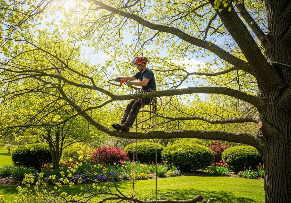 Tree Surgeon Pruning Branches in a Lush Garden