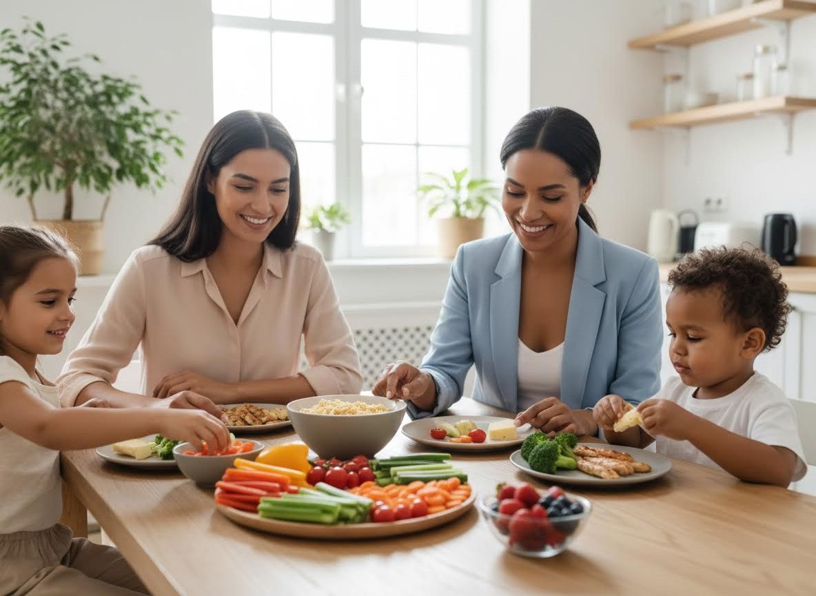 Diverse families sharing a healthy meal at home