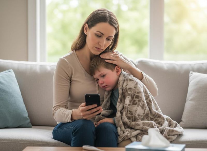A caring mother comforts her sick son on a sofa, gently touching his head. He's wrapped in a blanket, and she's using her phone. Tissues are visible. Concerned Mom with Sick Son Checking Phone