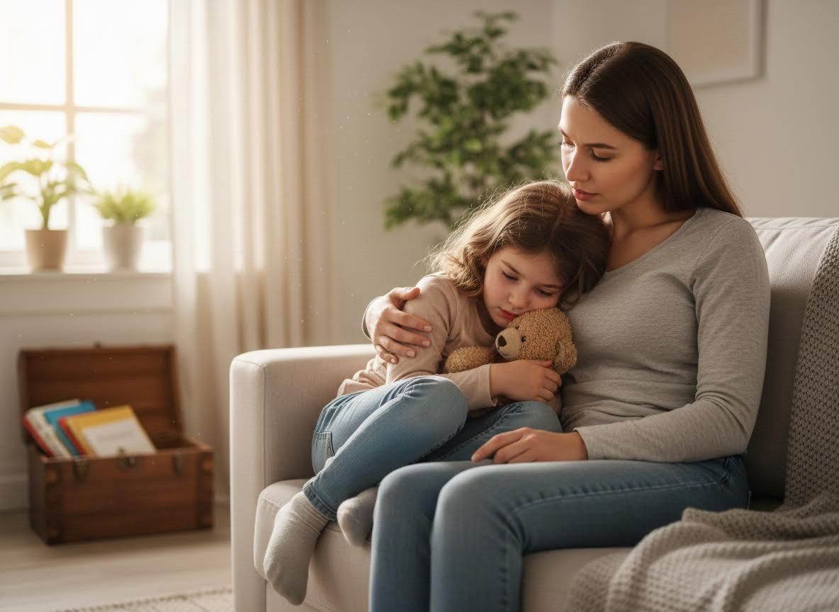 Mother comforting sad child with teddy bear