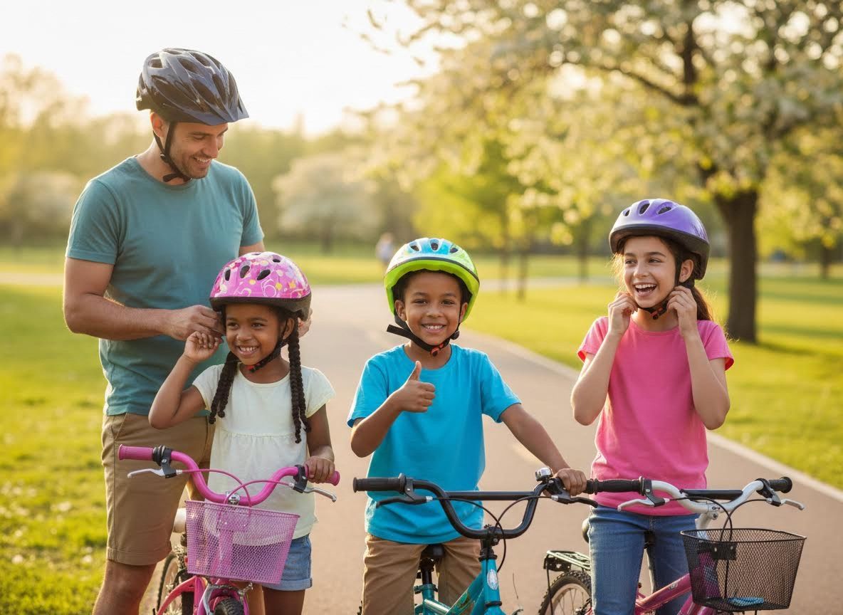 Father and Children Getting Ready for a Bike Ride in a Park