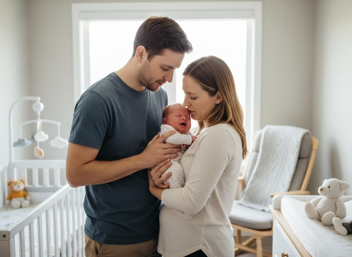 Parents with newborn baby in nursery