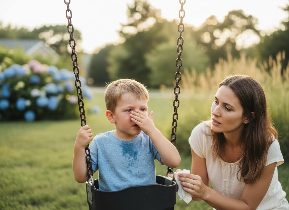 Mother comforting son with irritated eye on swing