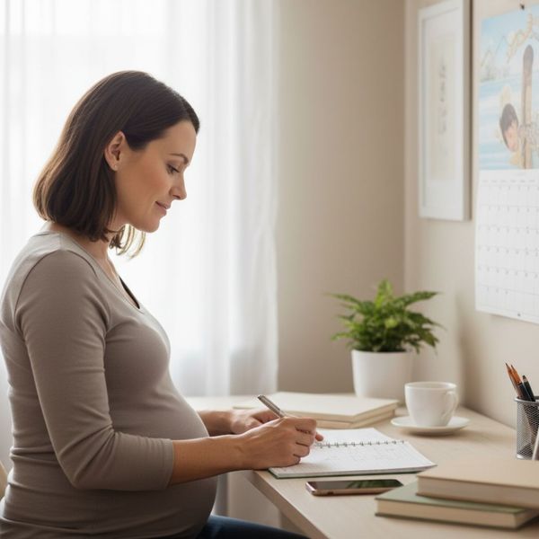 A side profile of a pregnant woman sitting at a desk, carefully writing in a notebook. A calendar hangs on the wall beside her