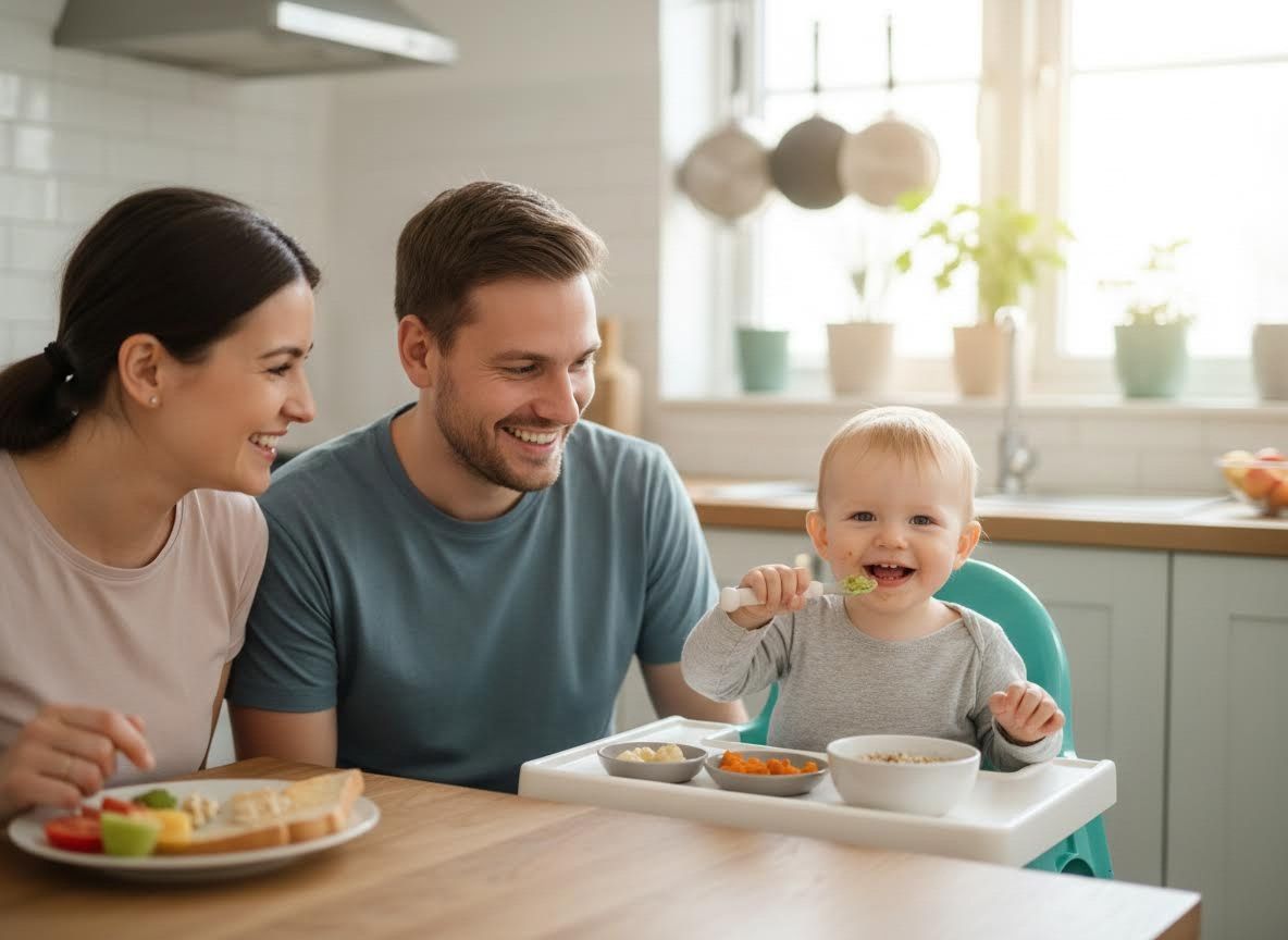 Happy family feeding baby in kitchen